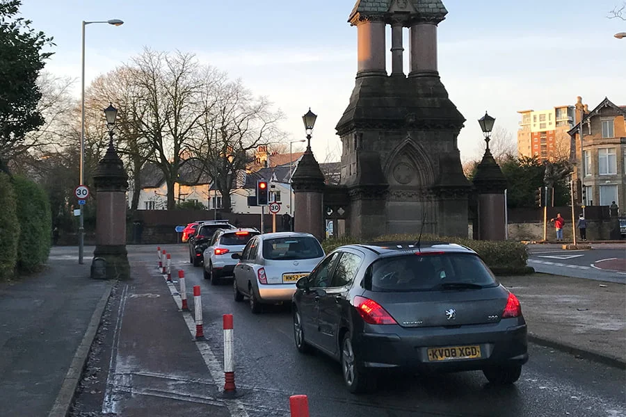 Temporary pop-up cycle lane at Sefton Park, Liverpool, installed in response to the pandemic and the increased interest in cycling as a safe way to travel.